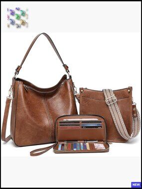Large Leather Hobo Crossbody Bag Set with Wallet Adjustable Straps Tote